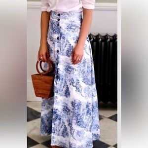 H&M Blue and White Scenic Print A-Line Skirt